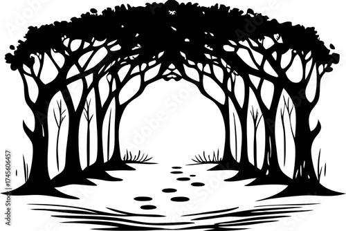Silhouette of arched tree canopy with footpath and footsteps on white background black ink illustration
