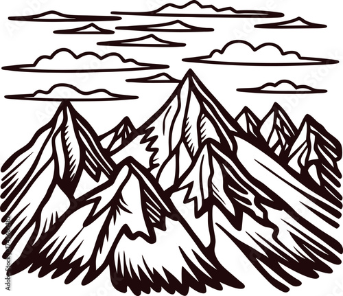 Hand drawn mountain range with snow capped peaks and clouds in vintage engraved
