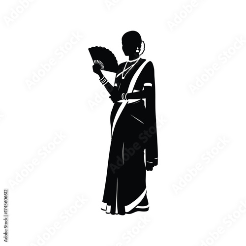 Elegant silhouette of an indian woman in a traditional saree holding a fan symbolizing grace and cultural heritage