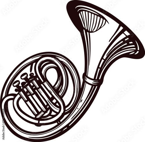 detailed vintage hand drawn french horn illustration with intricate lines and classic musical instrument design