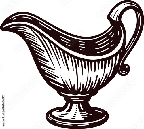 Vintage engraved drawing of a metal gravy boat with decorative handle on white background