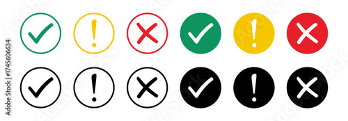 Check cross and exclamation icon set on transparent background