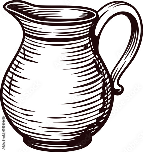 Hand drawn antique ceramic pitcher with curved handle isolated on white background vintage engraved sketch