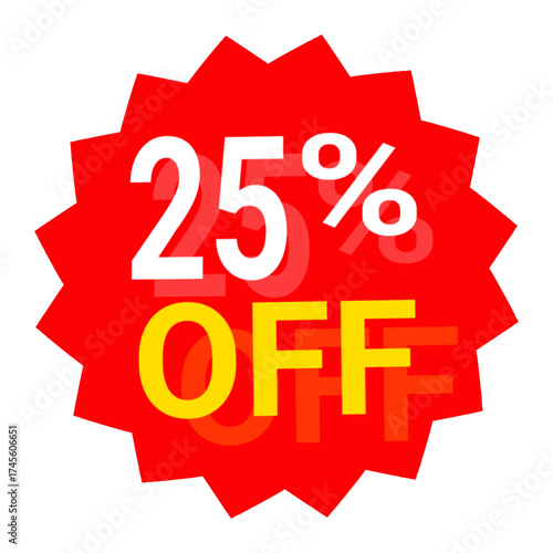 Red discount badge vector illustration with 25 percent off text for sale, special offer, retail promotion, shopping, marketing campaigns.