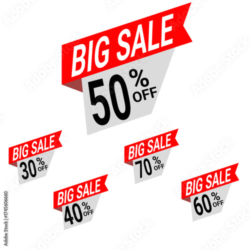Big sale vector illustration with multiple percentage discount labels for marketing, store advertising, shopping, promotion, and special offers