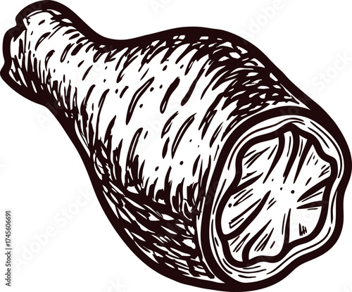 Hand drawn vintage ham illustration with textured detail and cross section, black and white engraved