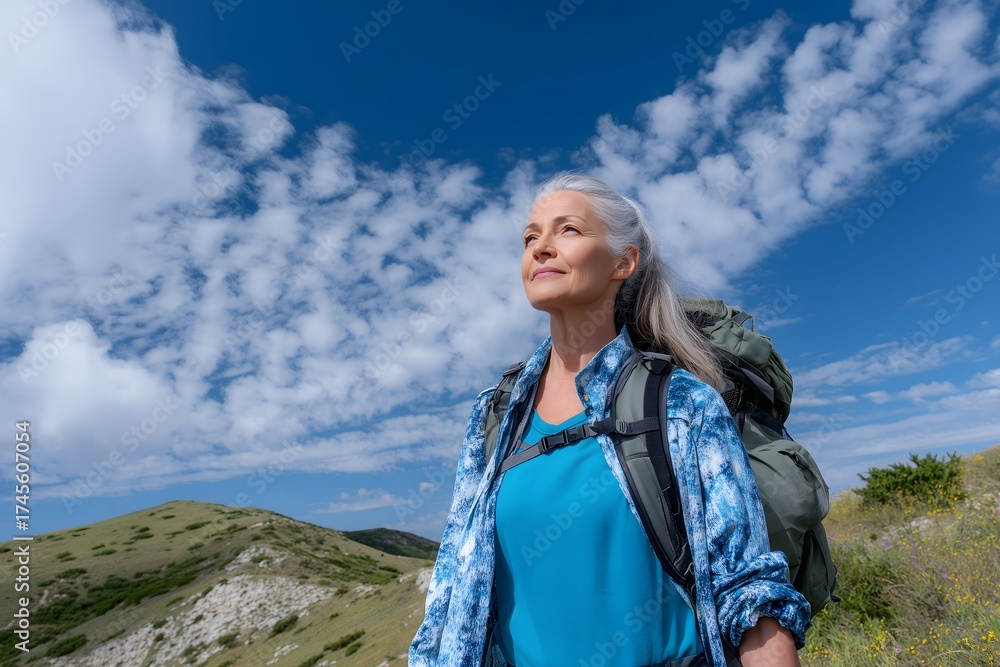 Naklejka premium Mature Woman Hiking with Backpack on Mountain Trail