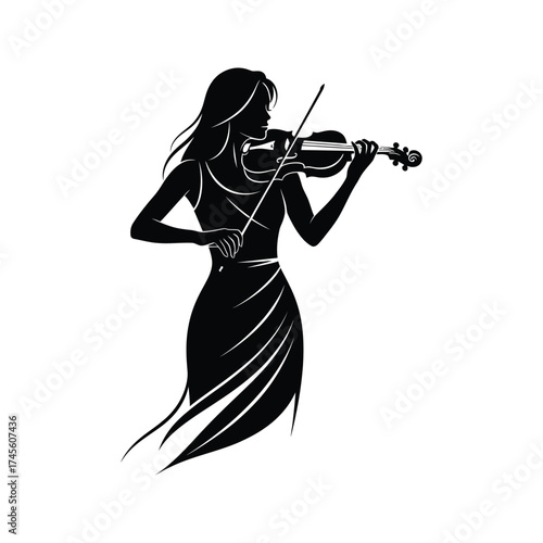 Elegant silhouette of a woman playing the violin in a flowing dress