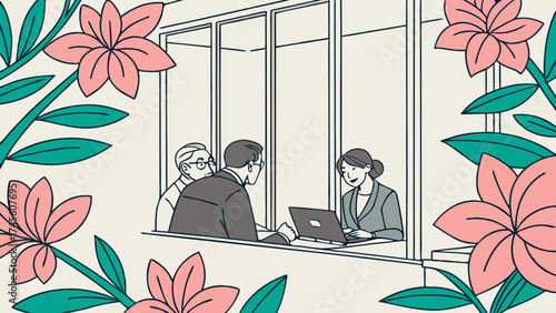 Business leaders in floral glossy wallpaper office background representing teamwork and authority concept vector
