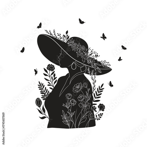 Elegant woman silhouette wearing wide brim hat adorned with flowers and butterflies fluttering around her
