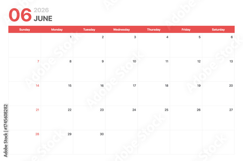 Calendar 2026. Calendar week 2026 starts on Sunday. Corporate minimalist clean calendar for June 2026