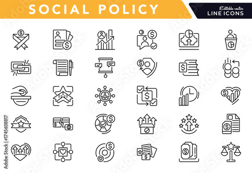 Social issues linear icon set. Education, policy, welfare, healthcare, insurance, reform, politics, world, community, money, vector line icons pack. Editable stroke