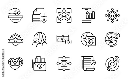 Social Policy line icon set. Containing education, reform, services, welfare, health care, insurance, world, politics,  member, vector line icon collection