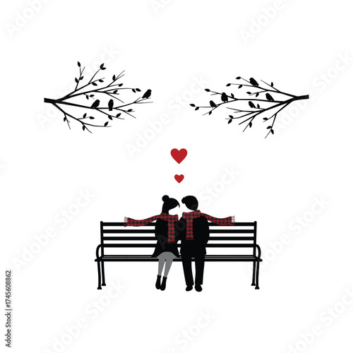 Silhouette couple wearing red scarves sitting on a park bench with birds on branches above and hearts floating