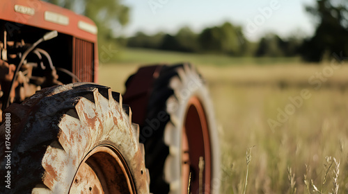 Vintage tractor resting peacefully in a sunlit field, its weathered tires and faded paint telling tales of agricultural labor and rural life.
