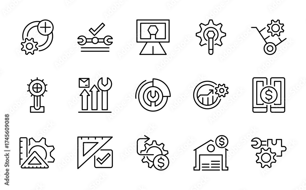 Fototapeta premium Workshop and tools linear icon set. Repair, equipment, professional, service, technician, teamwork, engineer, outline UI icon pack