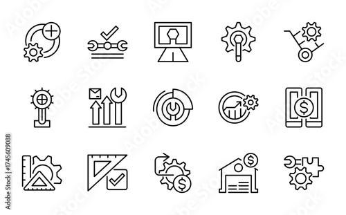 Workshop and tools linear icon set. Repair, equipment, professional, service, technician, teamwork, engineer, outline UI icon pack