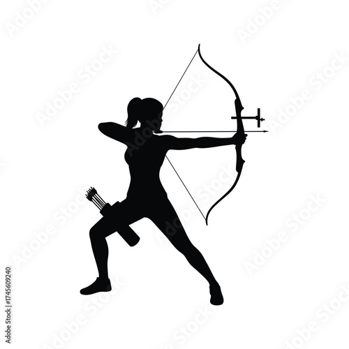 Silhouette of a female archer drawing a bow and arrow aiming with a quiver full of arrows