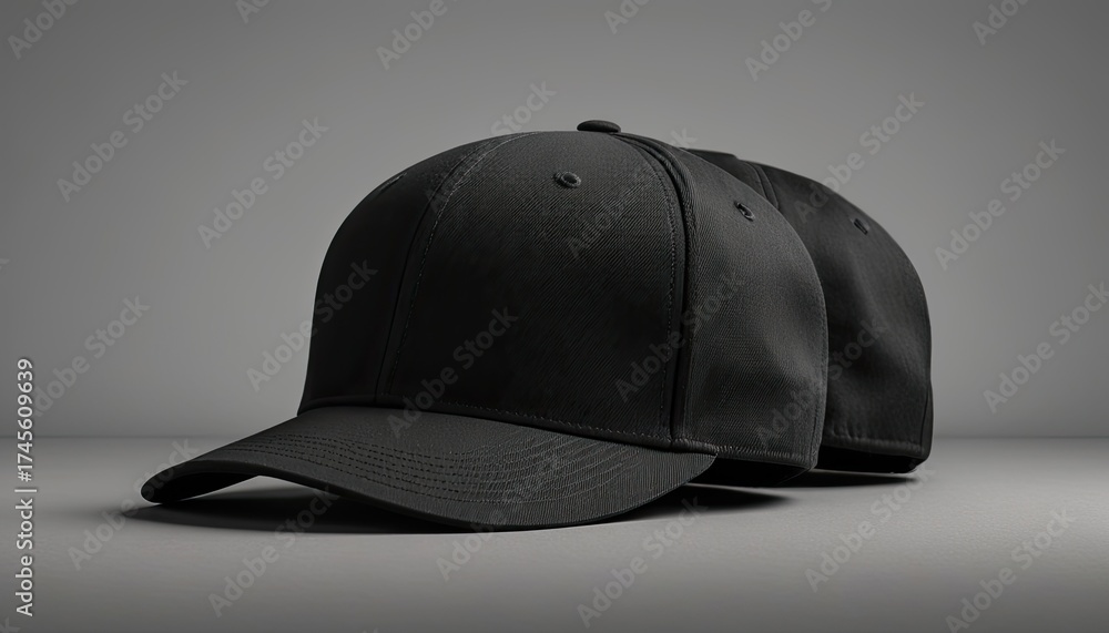 Fototapeta premium Two black baseball caps with shadows on gray background