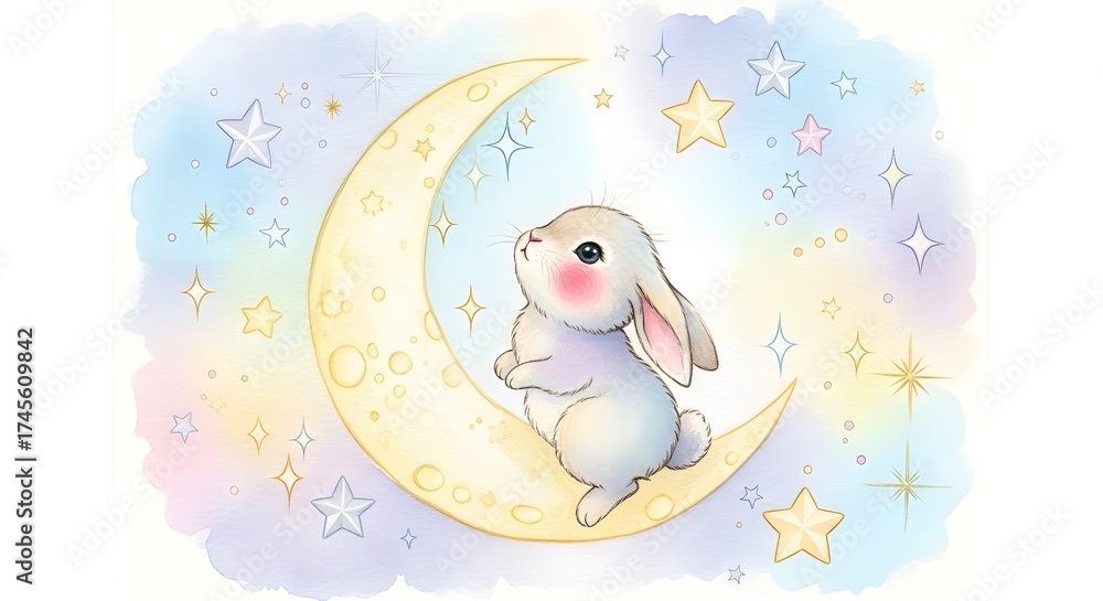 Obraz premium Cute Bunny on Crescent Moon – Pastel Watercolor Dream
