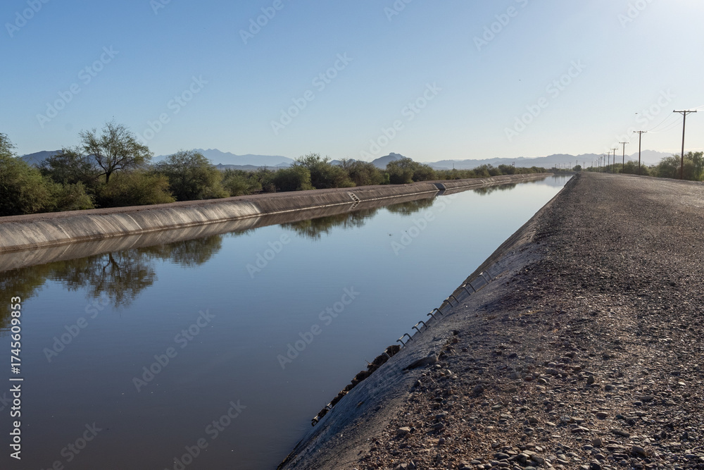 Fototapeta premium Arizona Canal in Scottsdale Reflecting Clear Blue Sky on a Peaceful Morning