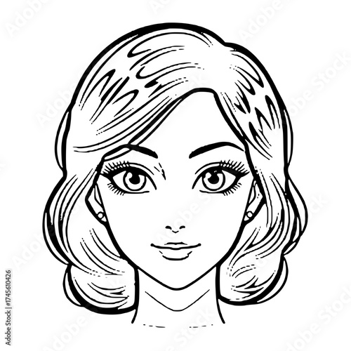 A black and white illustration of a young woman's face, showcasing her features.