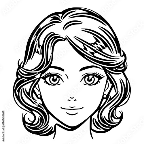 A black and white illustration of a young woman's face, featuring detailed hair and facial features.