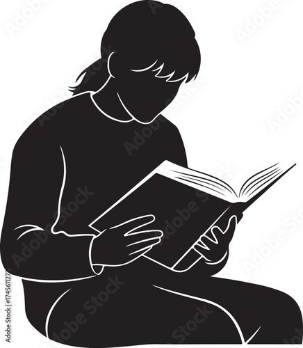 Girl reading book silhouette on white background
