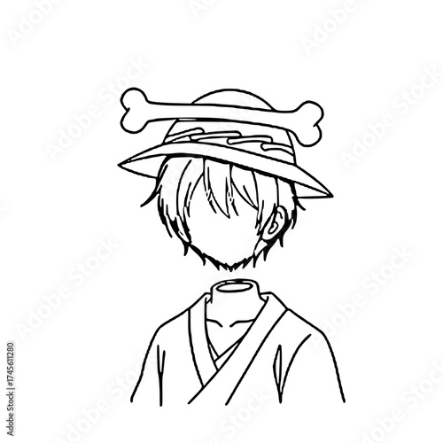 Line art illustration of a headless figure wearing a straw hat with a bone on top.