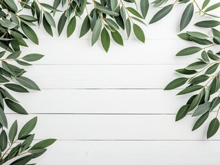 Green eucalyptus leaves frame a white wooden surface