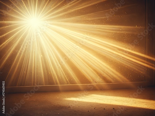 Dramatic light bursts, sunbeams illuminate a textured interior space