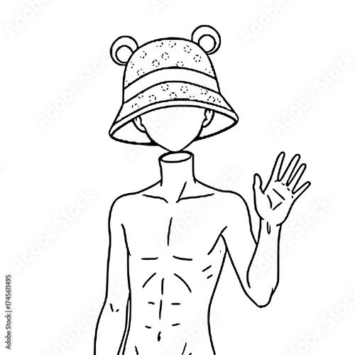 Line art illustration of a headless male torso wearing a bear-eared bucket hat, waving with an open hand.
