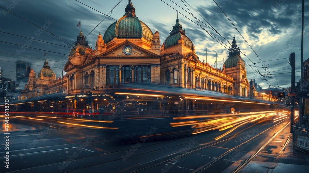 Fototapeta premium Majestic Historic Train Station Illuminated at Dusk with Bright Tram Lights in Melbourne Australia