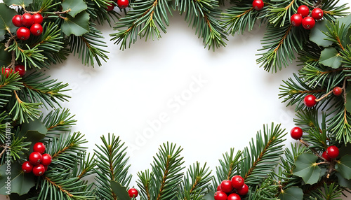 Christmas background with pine branches and red berries, green and red colors, festive decoration with space for text