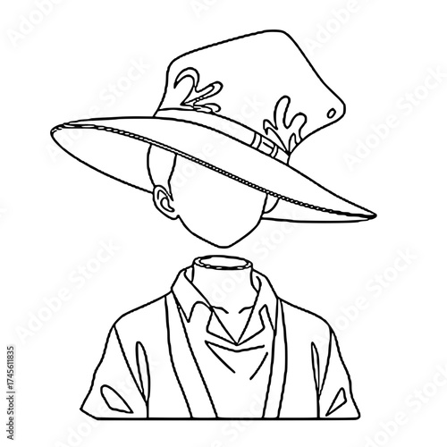 Illustration of a person's torso and head with a whimsical hat, outlined in black.