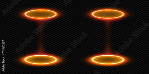 Neon led line light. Glow of laser colorful tubes. Fluorescent stripes dividers. Vector set of isolated futuristic effects on transparent background.