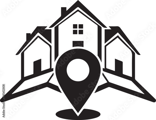 Black and White Icon of Houses and Location Pin Symbol logo real estate