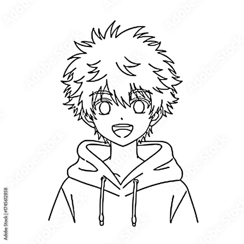 Line art illustration of a smiling young man with spiky hair wearing a hooded sweatshirt.