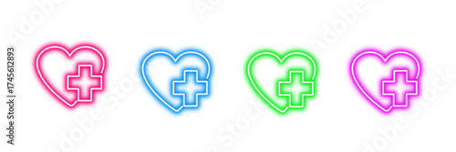 Neon glowing medical heart with cross vector icons set, health, care, first aid, emergency, support, wellbeing, vibrant colorful digital design illustration on transparent background.
