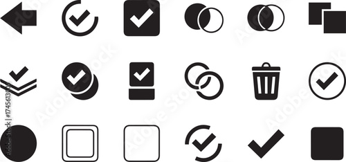 Collection of Black and White Vector Icons for Checkmarks and Shapes symbol tick
