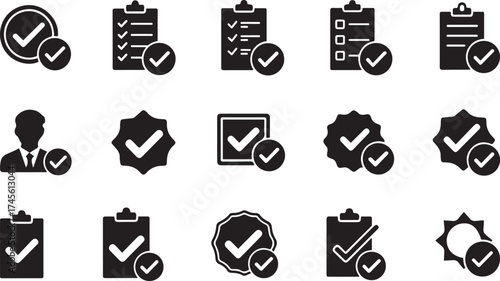 Collection of Black Check Mark and Approval Icons on White Background tick approved