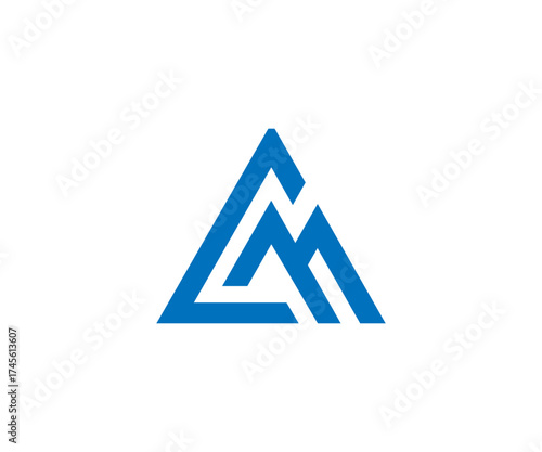 Blue geometric logo featuring triangle and letter m
