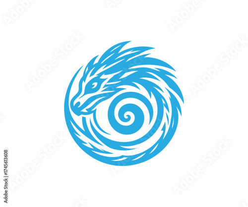 Stylized blue dragon curled in a circular shape