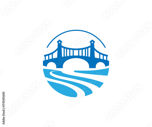 Illustration of a bridge over water in blue circle