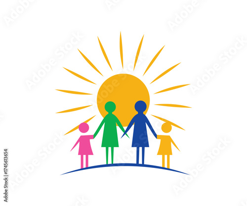 Family holding hands under a bright yellow sunburst