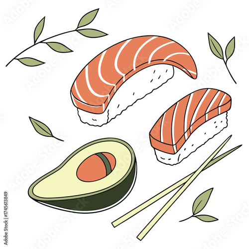 Delicious sushi rolls japanese restaurant food bright top-down isolated