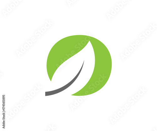 A green circle with a white leaf and grey stem