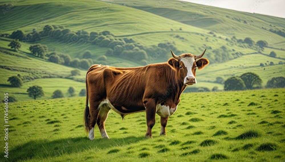 Naklejka premium A brown and white cow stands proudly in a lush green pasture, rolling hills in the background
