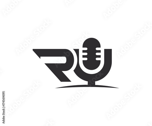 Black logo with letter r and microphone illustration