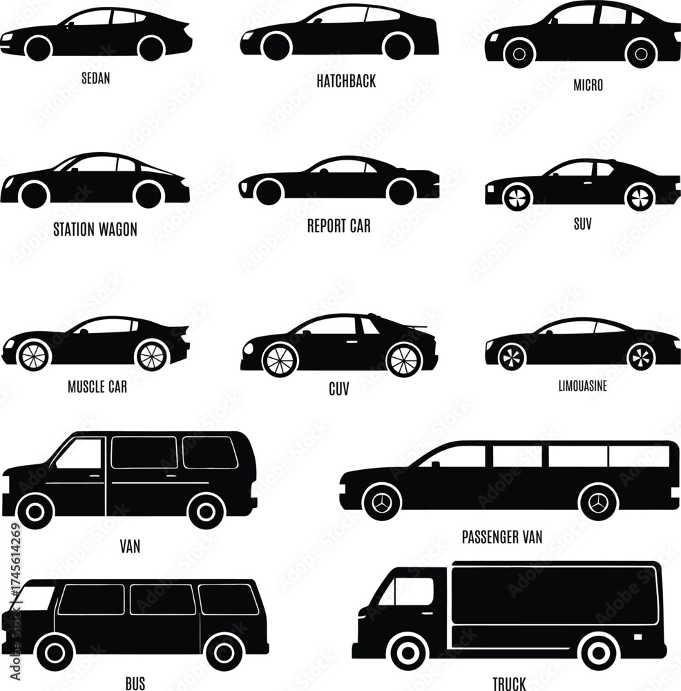 Obraz premium Automobile Silhouettes – Sedan, SUV, Bus, Truck, Van Vector Pack